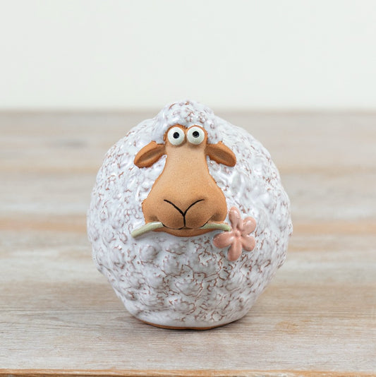 Sheep Holding Flower Ornament 10cm – Cute Farmhouse Animal Figurine