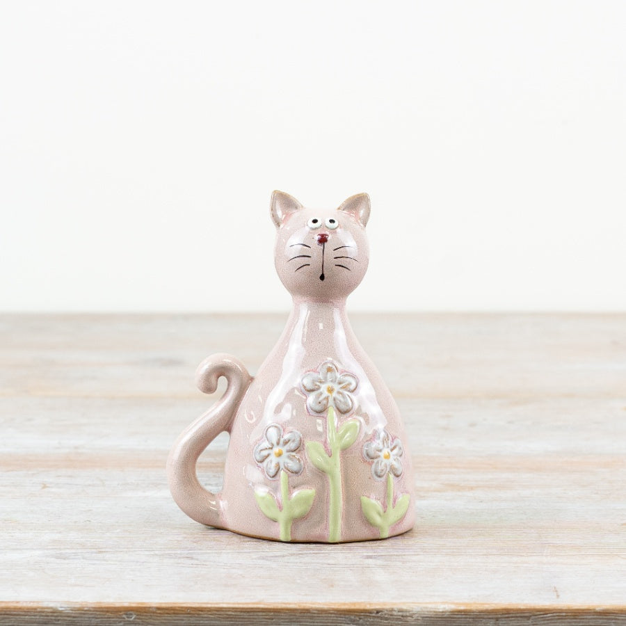 Daisy Cat Ornament 13cm – Pastel Pink Floral Ceramic Cat Figurine