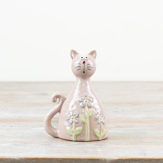 Daisy Cat Ornament 13cm – Pastel Pink Floral Ceramic Cat Figurine