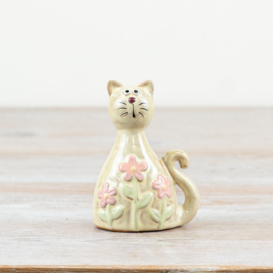 Daisy Cat Ornament 8.2cm – Pastel Green Floral Ceramic Cat Figurine