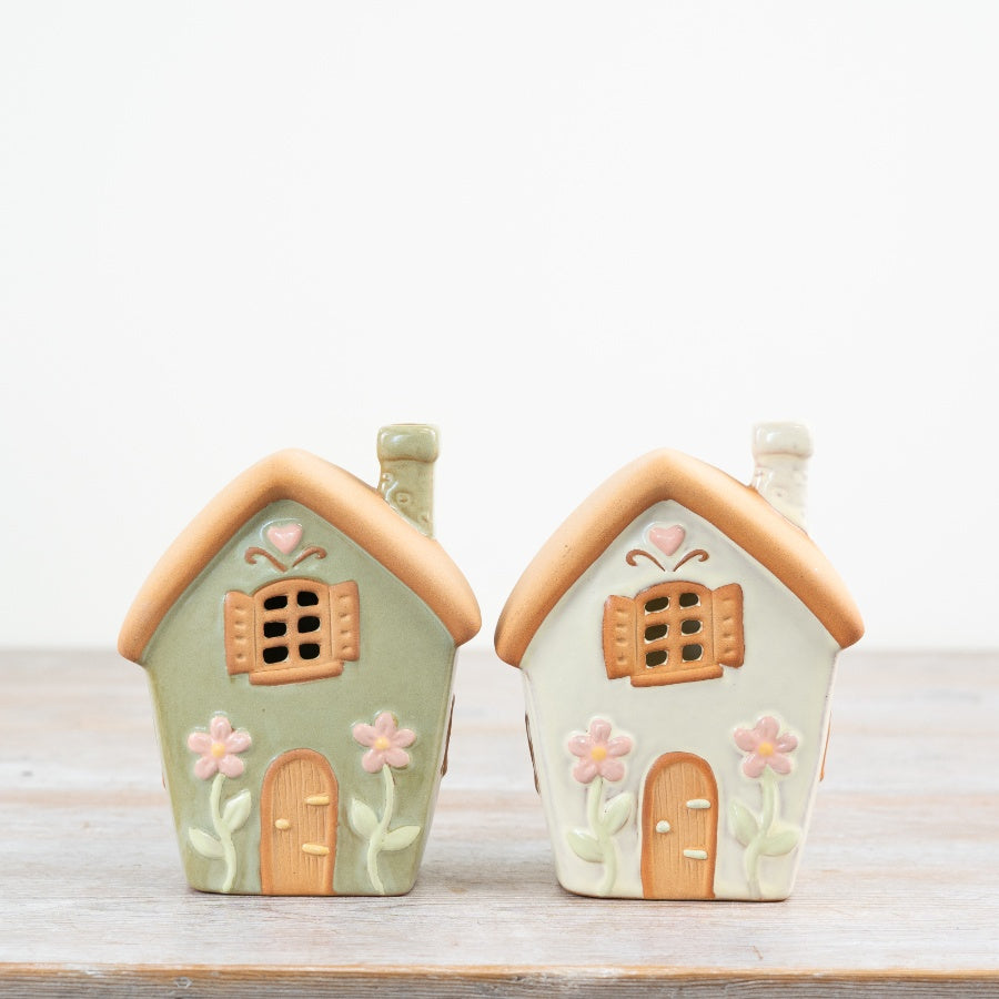 Pastel Green Fairy House Tealight Holder 13.7cm – Whimsical Ceramic Candle House, Cottagecore Home Décor Accent