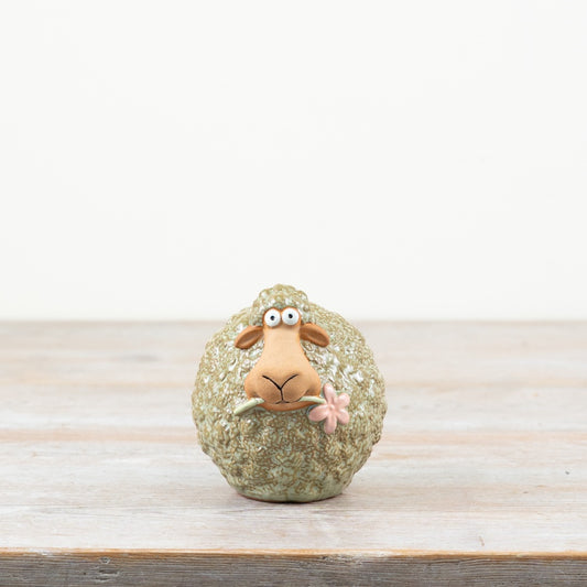 Sheep with Flower in Mouth Deco 10.8cm – Rustic Figurine for Home Décor