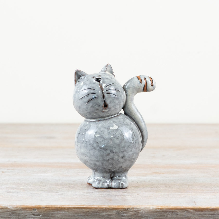 Glazed Grey Cat Ornament 12.4cm – Playful Ceramic Figurine for Home Décor