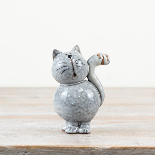 Glazed Grey Cat Ornament 12.4cm – Playful Ceramic Figurine for Home Décor