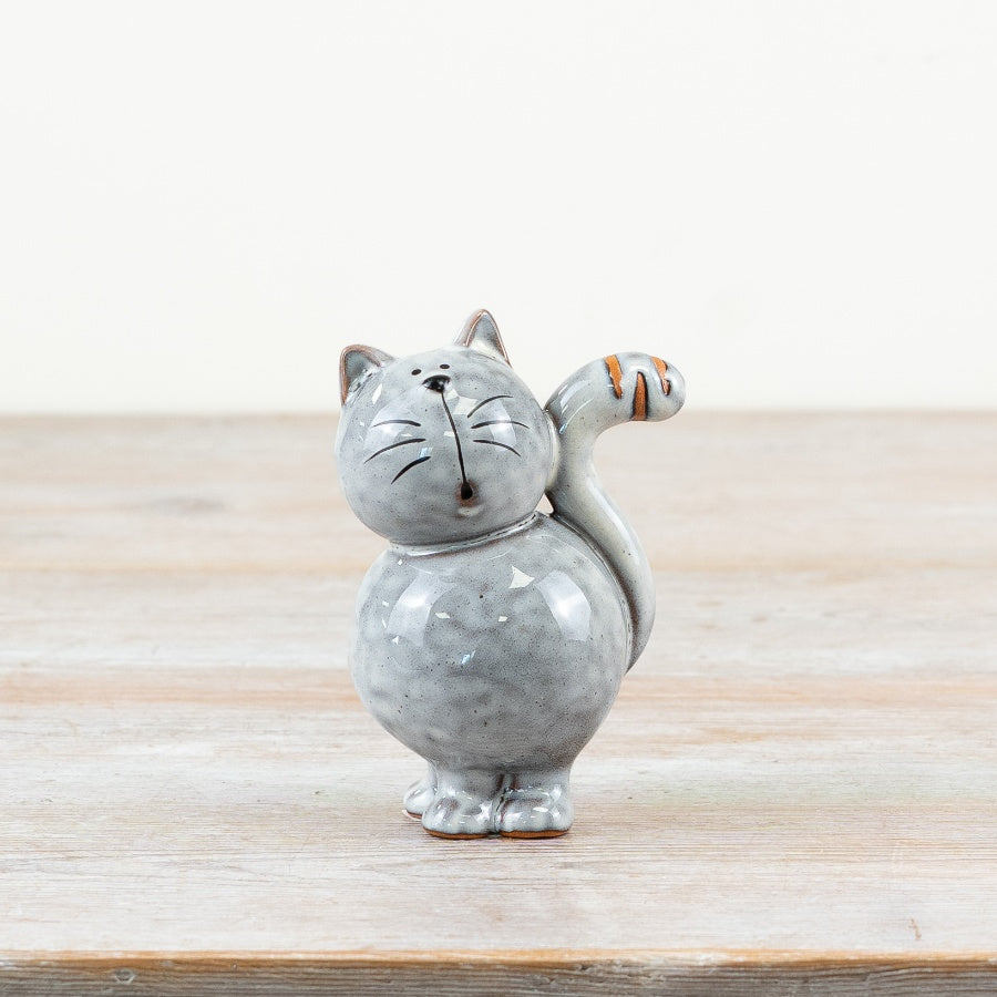 Grey Cat Ornament 10.2cm – Glossy Ceramic Decorative Figurine