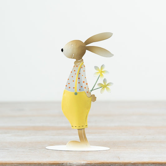 Rabbit Decoration with Daisies 17cm – Metal Bunny Ornament in Spotty Top & Yellow Shorts, Spring Easter Home Decor
