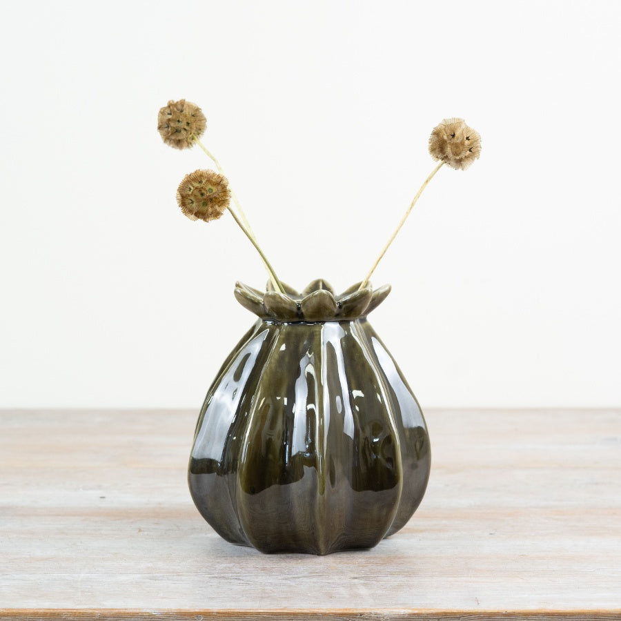 Green Poppy Bud Vase 11cm – Small Ceramic Flower Vase, Rustic & Modern Home Décor Accent