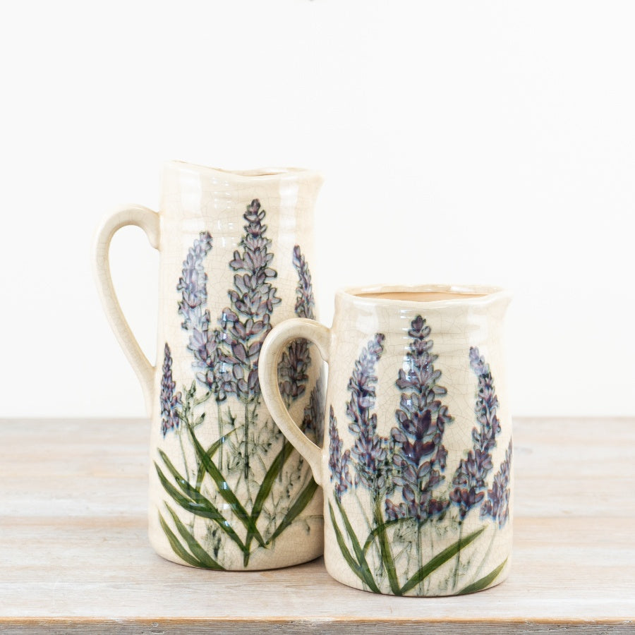Lavender Jug 27.5cm – Rustic Glazed Ceramic Pitcher with Vintage Lavender Flower Illustration