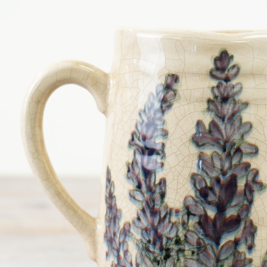 Lavender Jug 27.5cm – Rustic Glazed Ceramic Pitcher with Vintage Lavender Flower Illustration