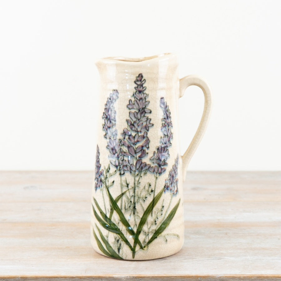 Lavender Jug 27.5cm – Rustic Glazed Ceramic Pitcher with Vintage Lavender Flower Illustration