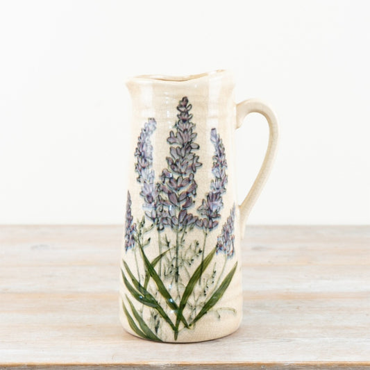 Lavender Jug 27.5cm – Rustic Glazed Ceramic Pitcher with Vintage Lavender Flower Illustration