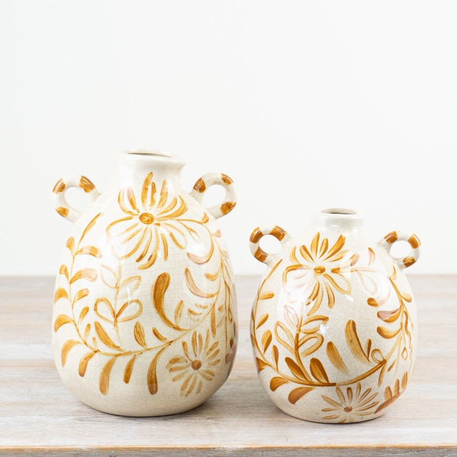 Double-Handled Ceramic Flower Vase 19cm – Yellow Floral Motif Vase for Home Décor & Table Display
