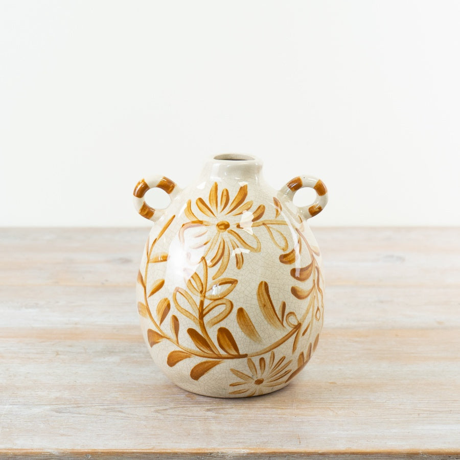 Double-Handled Ceramic Flower Vase 19cm – Yellow Floral Motif Vase for Home Décor & Table Display