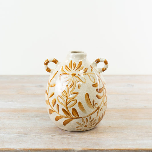 Double-Handled Ceramic Flower Vase 19cm – Yellow Floral Motif Vase for Home Décor & Table Display
