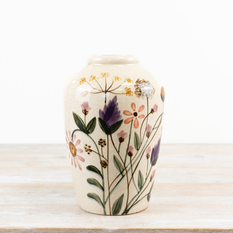 Wild Flower Vase 25cm – Vintage Tall Ceramic Vase with Hand-Painted Purple Floral Design