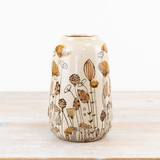 Flower Design Ceramic Vase 25.5cm – White & Orange Floral Glazed Vase for Home Décor