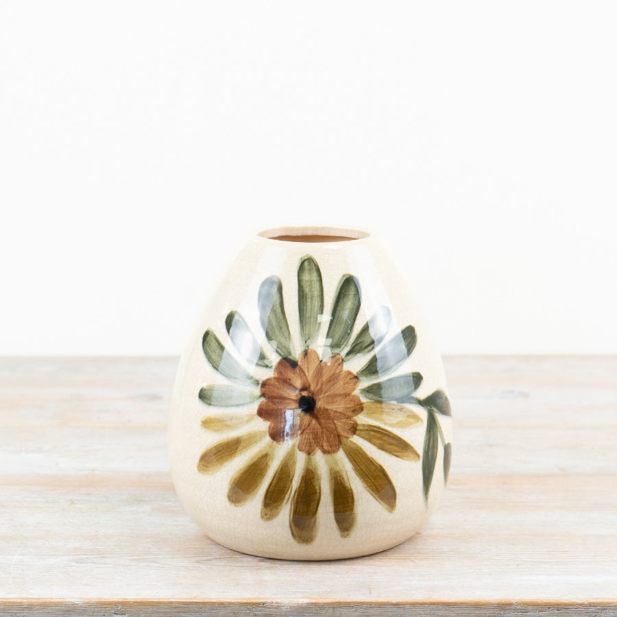 Painted Ceramic Vase 20.5cm – Yellow & Green Floral Glazed Vase for Fresh Flowers or Home Décor