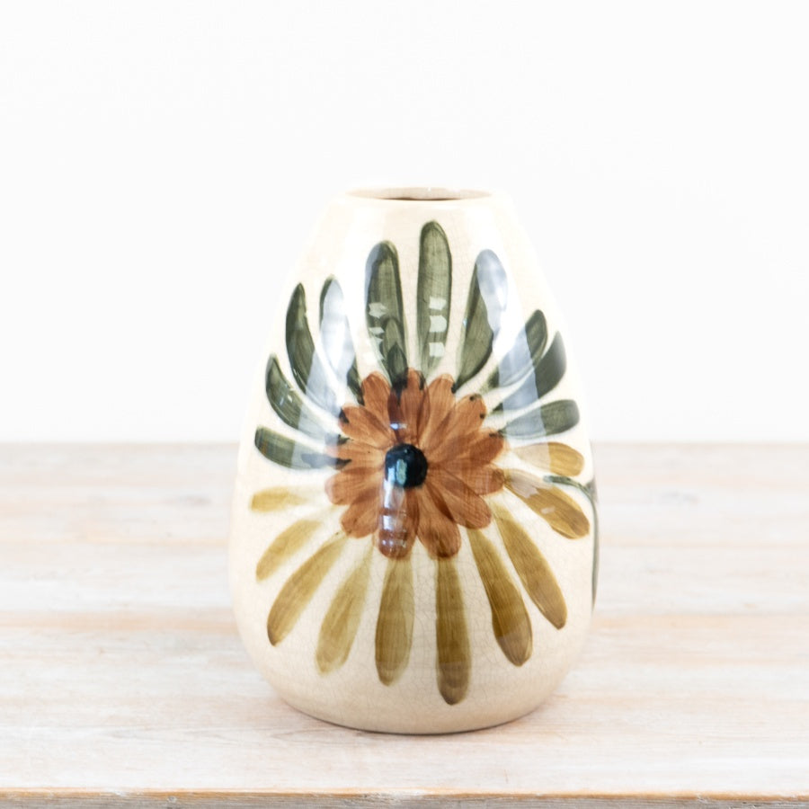 Painted Ceramic Vase 25.5cm – Yellow & Green Floral Glazed Vase | Decorative Flower Vase for Home Décor