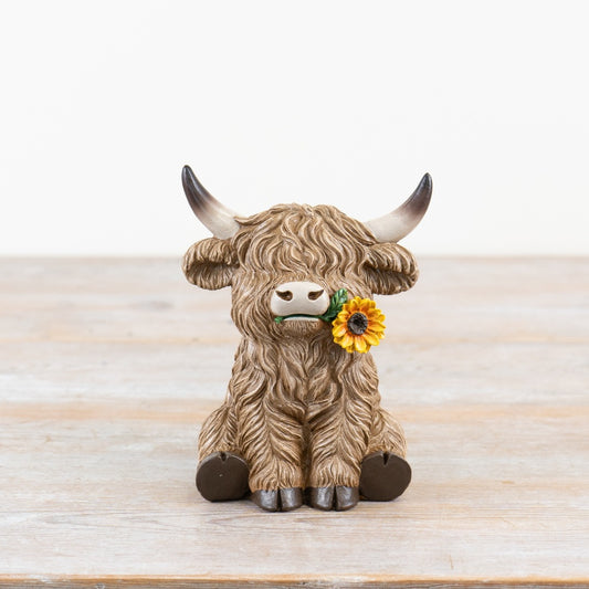 Floral Highland Cow Ornament 16cm – Sunflower Farm Animal Decorative Figurine
