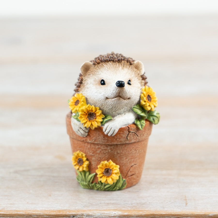 Hedgehog in Plant Pot Ornament 8cm – Cute Spring Garden Decorative Figurine