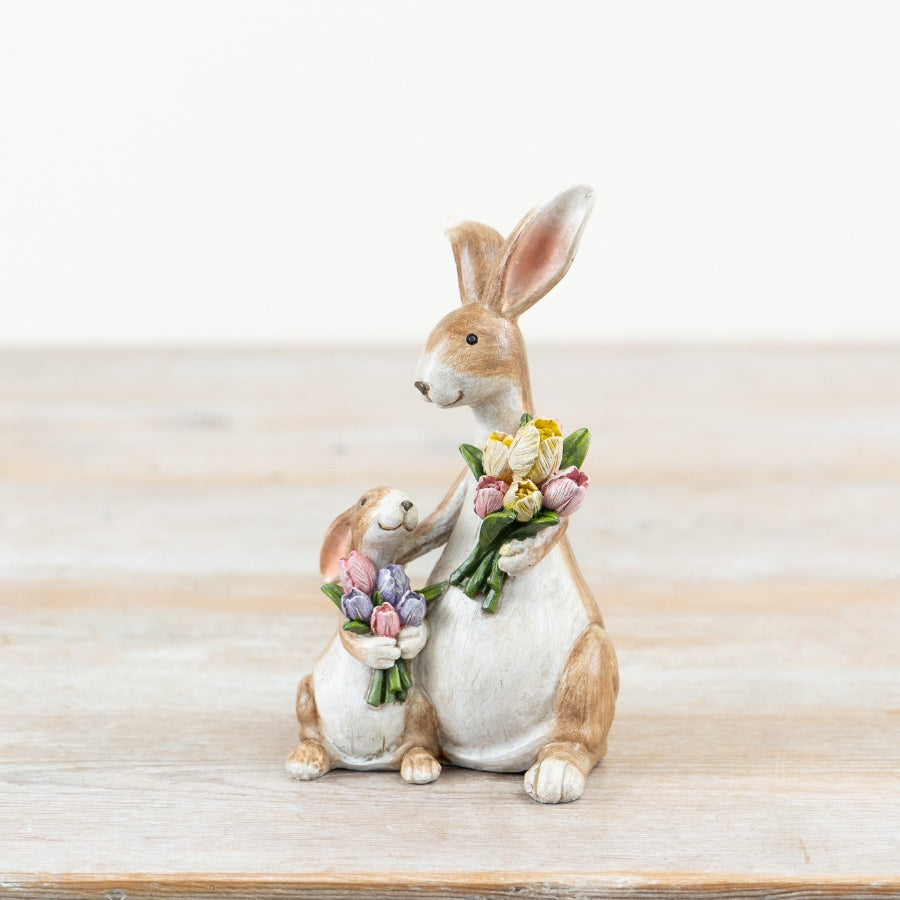 Mum & Baby Rabbit Ornament 14cm – Floral Bunny Spring Decorative Figurine