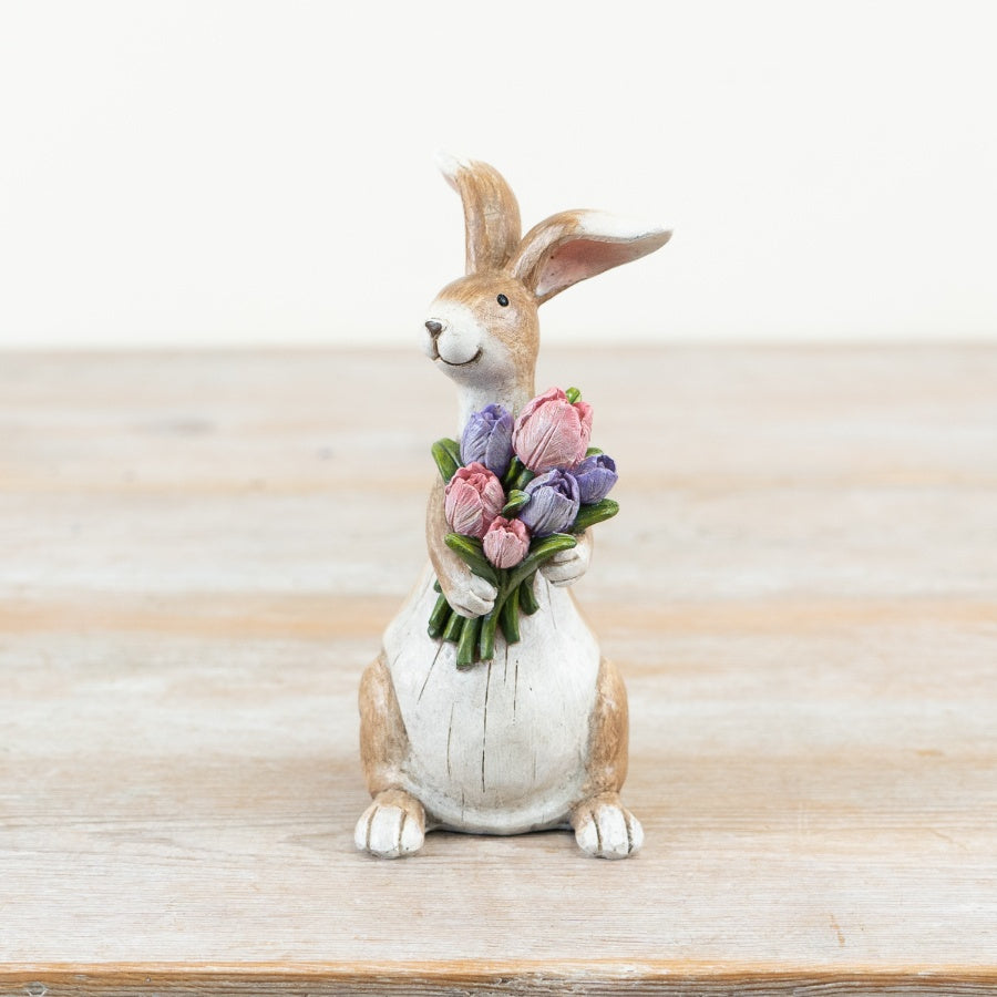 Bunny Holding Flowers Ornament 14cm – Spring Easter Rabbit Decorative Figurine