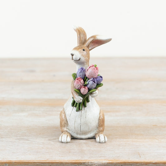 Bunny Holding Flowers Ornament 14cm – Spring Easter Rabbit Decorative Figurine