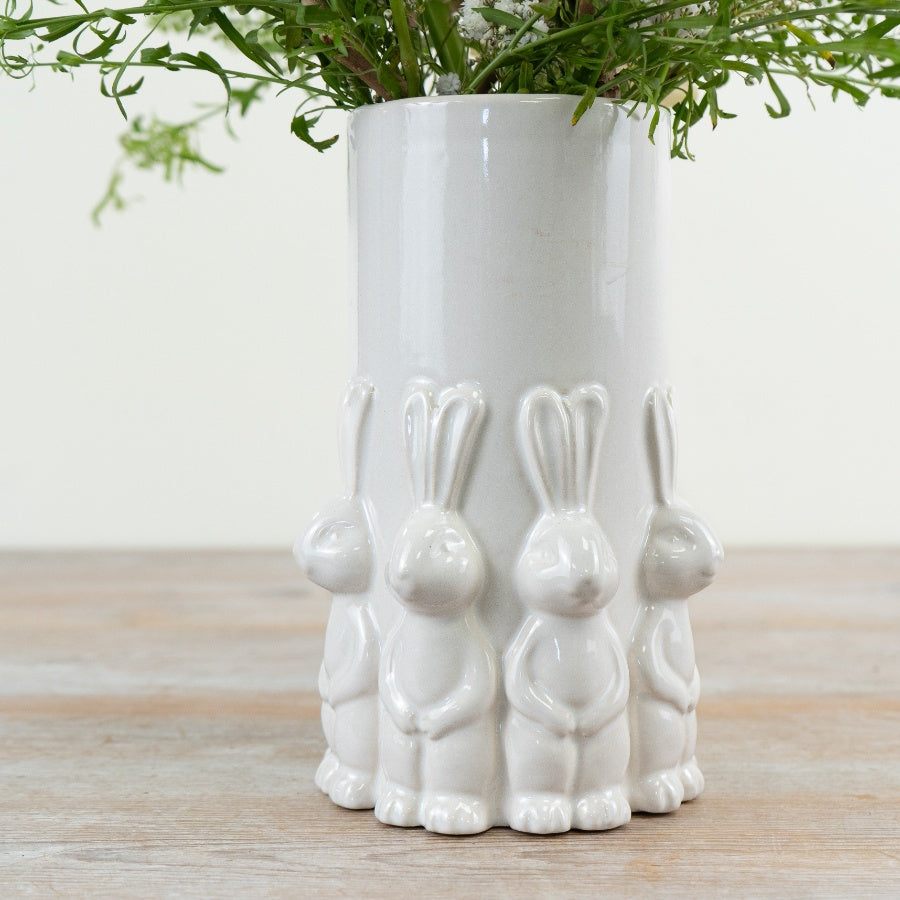 Easter Rabbit Vase 20.5cm – White Glazed Ceramic Spring Bunny Flower Vase