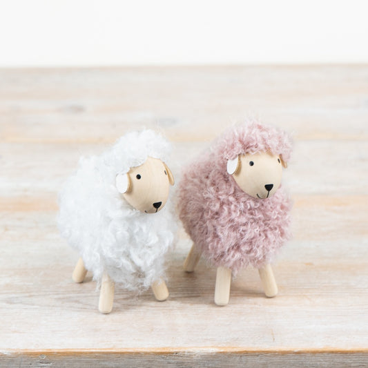 Set of 2 Sherpa Sheep Ornaments 12cm – Woolly Sheep Decor with Wooden Legs, Neutral Farmhouse Spring Home Accent