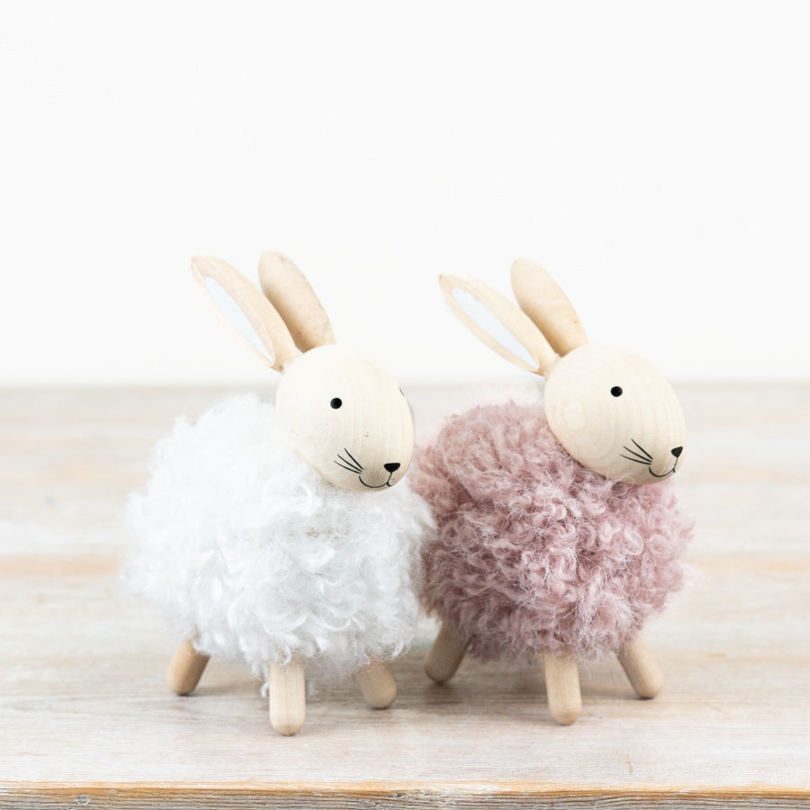 Set of 2 Standing Sherpa Rabbits 13.5cm – Neutral Wool Bunny Ornaments with Pompom Tail, Spring Easter Home Decor