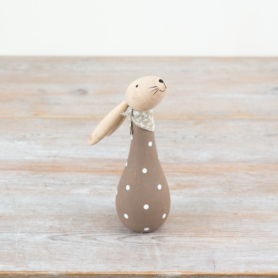 Wooden Polkadot Rabbit 19cm – Rustic Bunny Ornament with Fabric Scarf, Neutral Spring Easter Home Decor