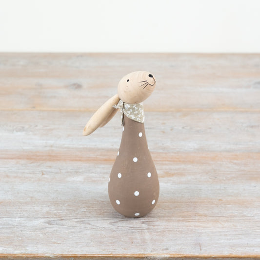 Wooden Polkadot Rabbit 19cm – Rustic Bunny Ornament with Fabric Scarf, Neutral Spring Easter Home Decor