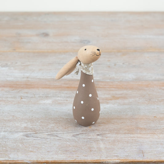 Wooden Polkadot Rabbit 14.5cm – Rustic Bunny Ornament with Fabric Scarf, Neutral Spring Easter Decor