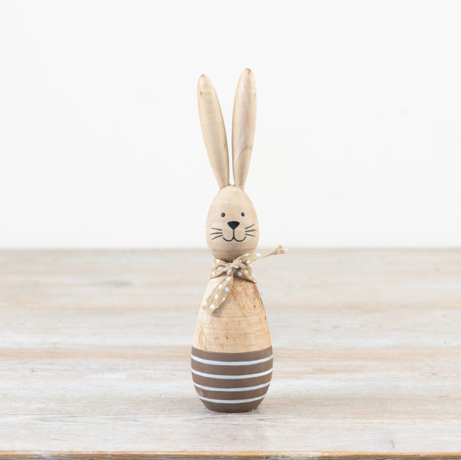 Wooden Rabbit with Scarf 24cm – Striped Bunny Ornament with Polkadot Neck Detail, Spring Easter Decor Accent