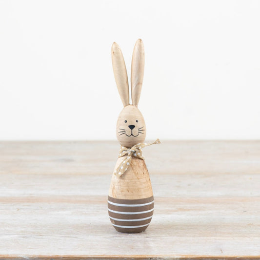 Wooden Rabbit with Scarf 24cm – Striped Bunny Ornament with Polkadot Neck Detail, Spring Easter Decor Accent