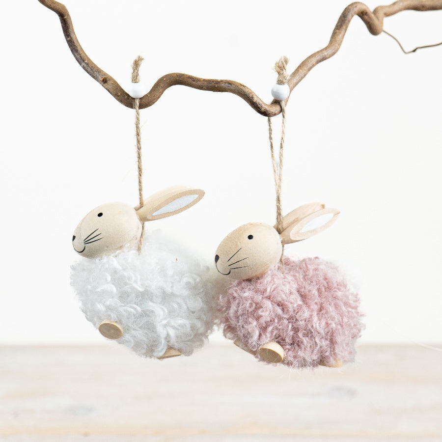 Set of 2 Woolly Sheep Hanging Decorations 10cm – Rustic Sheep Ornaments with Jute Twine, Spring Farmhouse Home Decor