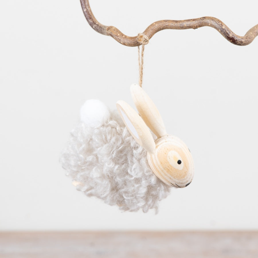 Hanging Wool Rabbit Decoration 9.5cm – Sherpa Bunny Ornament with Jute Twine, Neutral Spring Easter Tree Decor