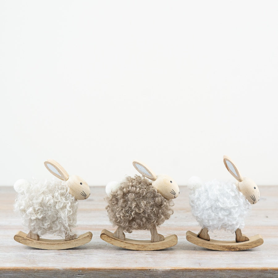 Set of 3 Wood & Fabric Rabbit Decorations 14cm – Rustic Easter Bunny Ornaments, Farmhouse Spring Home Decor