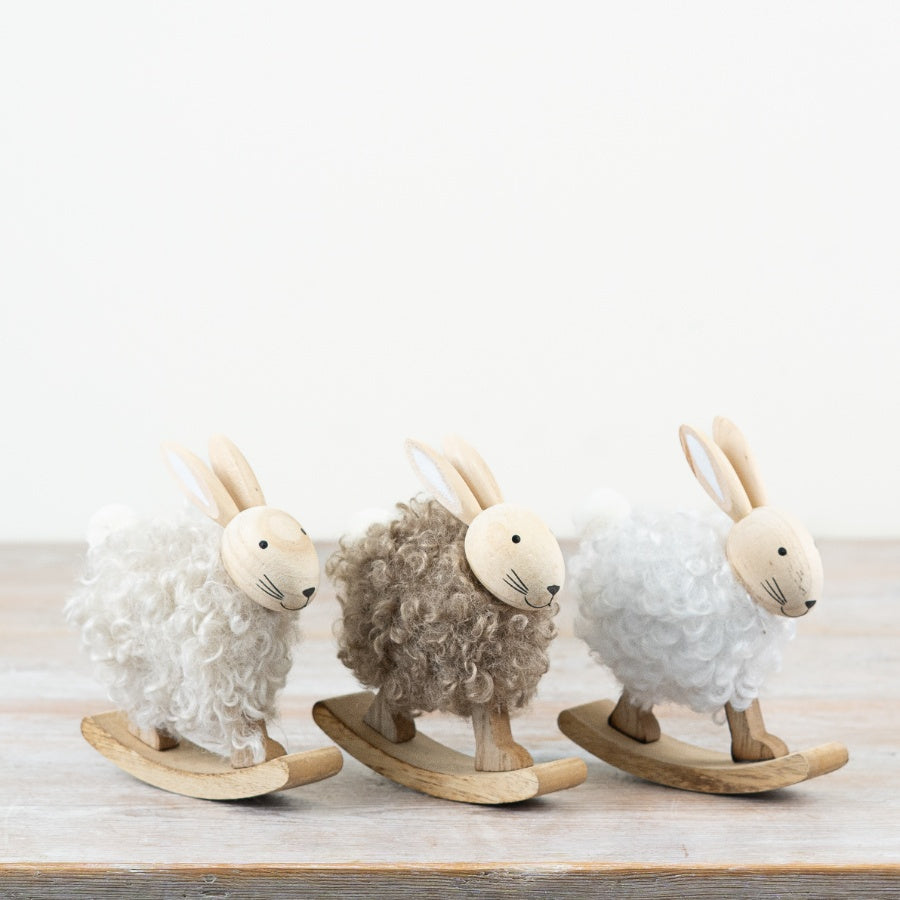 Set of 3 Wood & Fabric Rabbit Decorations 14cm – Rustic Easter Bunny Ornaments, Farmhouse Spring Home Decor