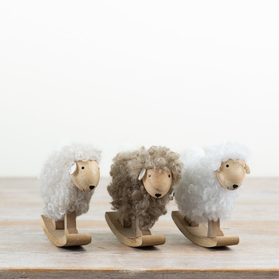 Set of 3 Wooden Fabric Sheep Ornaments 10.5cm – Rustic Wool Sheep Decor, Farmhouse Country Home Accent