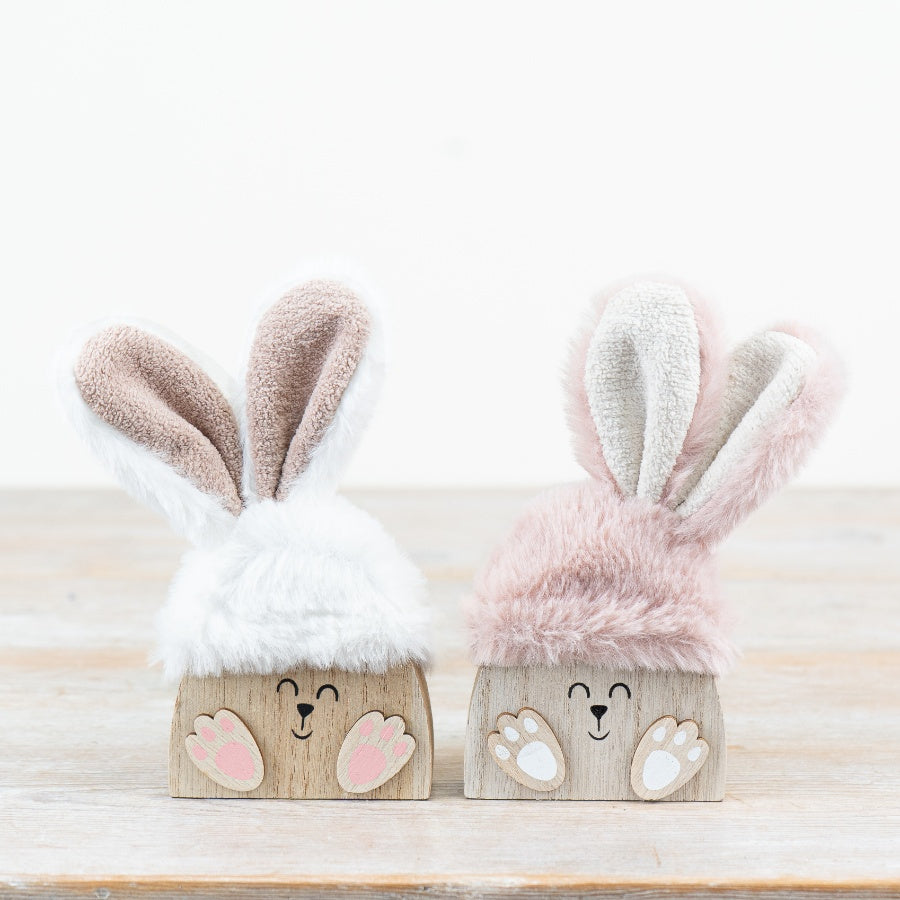 Set of 2 Bunny Rabbit Head Decorations 16cm – Wooden Wool Rabbits with Fluffy Ears, Cute Spring Home Decor Accent