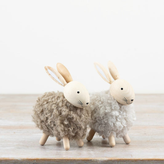 Set of 2 Wooden & Faux Fur Rabbit Ornaments 13.5cm – Rustic Bunny Decor, Farmhouse Easter Spring Home Accent