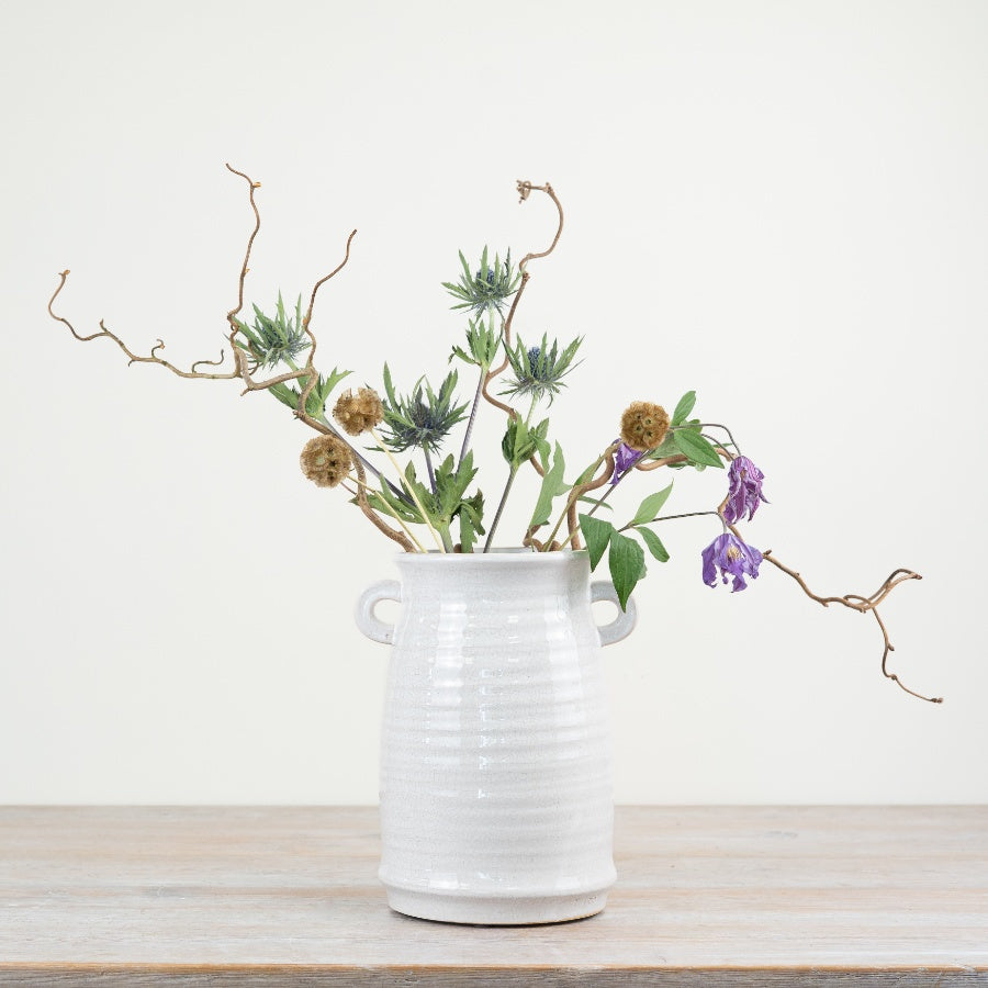 White Crackle Glaze Ceramic Vase 24cm – Decorative Loni Vase with Handles, Rustic Farmhouse Flower Vase Home Décor