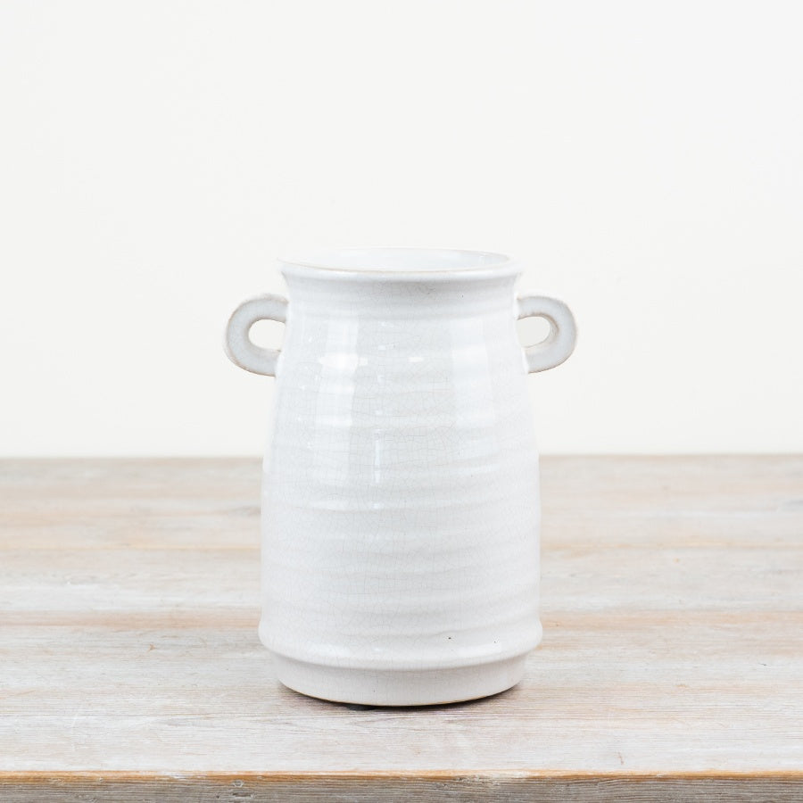 White Crackle Glaze Ceramic Vase 24cm – Decorative Loni Vase with Handles, Rustic Farmhouse Flower Vase Home Décor