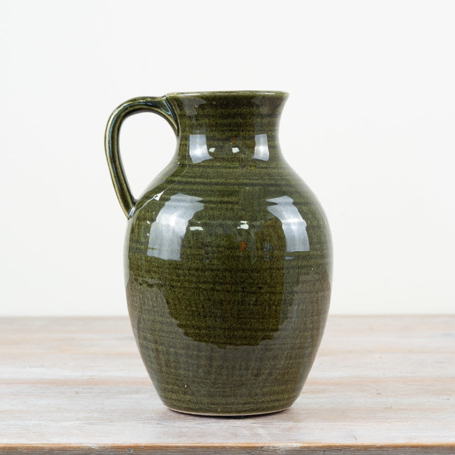 Green Ceramic Pitcher Vase 17cm – Rustic Farmhouse Jug, Deep Green Glaze Decorative Vase, Vintage Style Home Décor