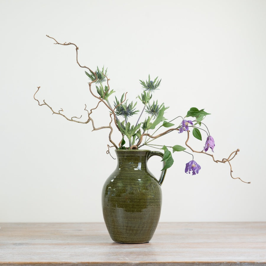 Green Ceramic Pitcher Vase 17cm – Rustic Farmhouse Jug, Deep Green Glaze Decorative Vase, Vintage Style Home Décor