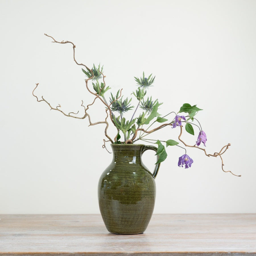 Green Ceramic Pitcher Vase 19.5cm – Rustic Farmhouse Jug, Dark Green Glaze Decorative Vase, Vintage Style Home Décor