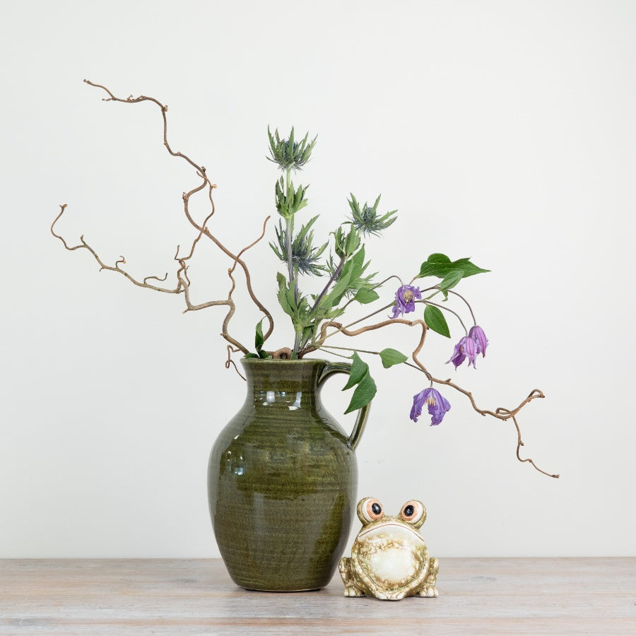 Green Ceramic Pitcher Vase 19.5cm – Rustic Farmhouse Jug, Dark Green Glaze Decorative Vase, Vintage Style Home Décor