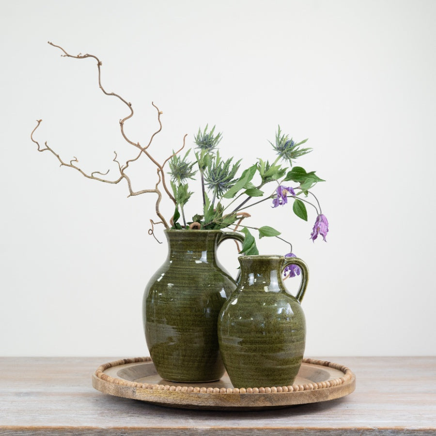 Green Ceramic Pitcher Vase 19.5cm – Rustic Farmhouse Jug, Dark Green Glaze Decorative Vase, Vintage Style Home Décor