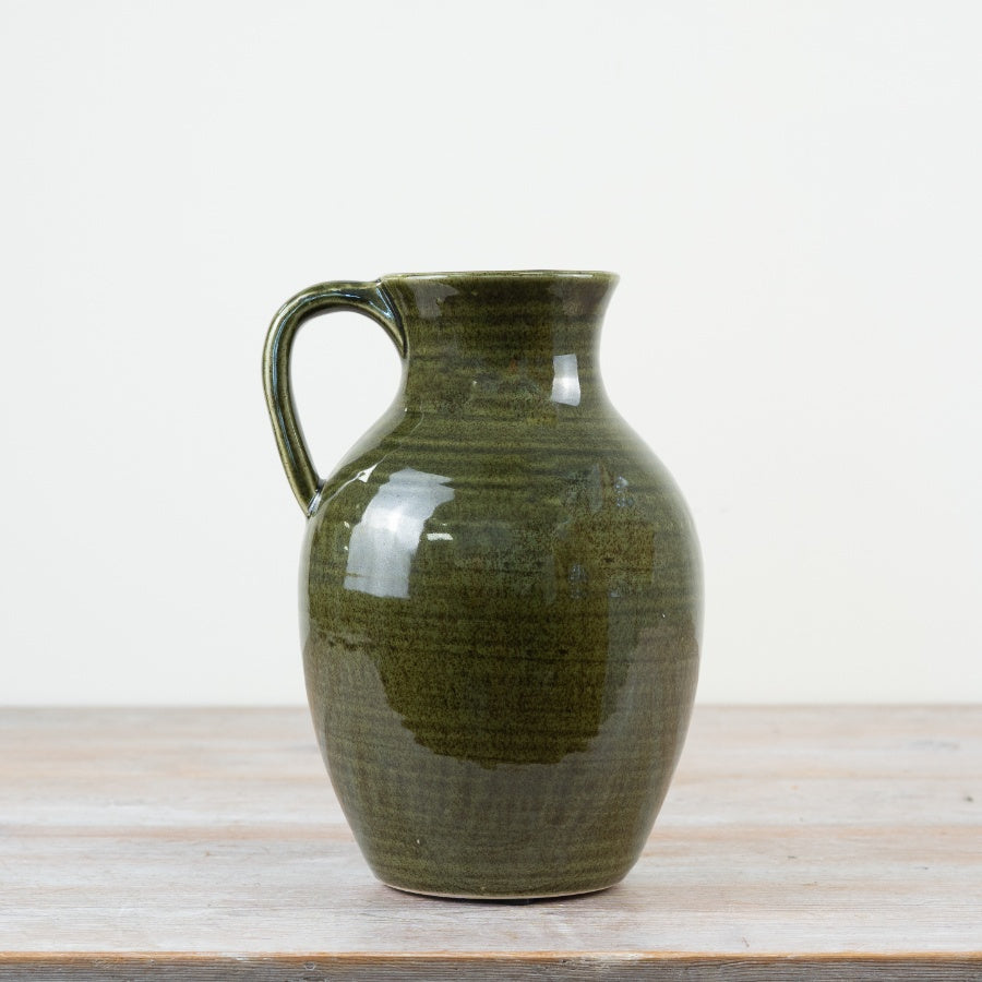 Green Ceramic Pitcher Vase 19.5cm – Rustic Farmhouse Jug, Dark Green Glaze Decorative Vase, Vintage Style Home Décor